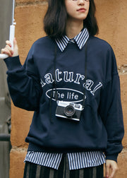 Casual Navy Peter Pan Collar Graphic Embroideried Striped Patchwork Sweatshirts Fall