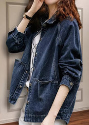 Casual Navy Peter Pan Collar Pockets Patchwork Denim Jackets Fall