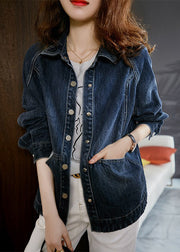 Casual Navy Peter Pan Collar Pockets Patchwork Denim Jackets Fall