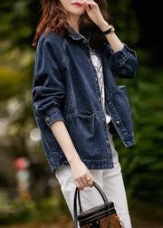 Casual Navy Peter Pan Collar Pockets Patchwork Denim Jackets Fall