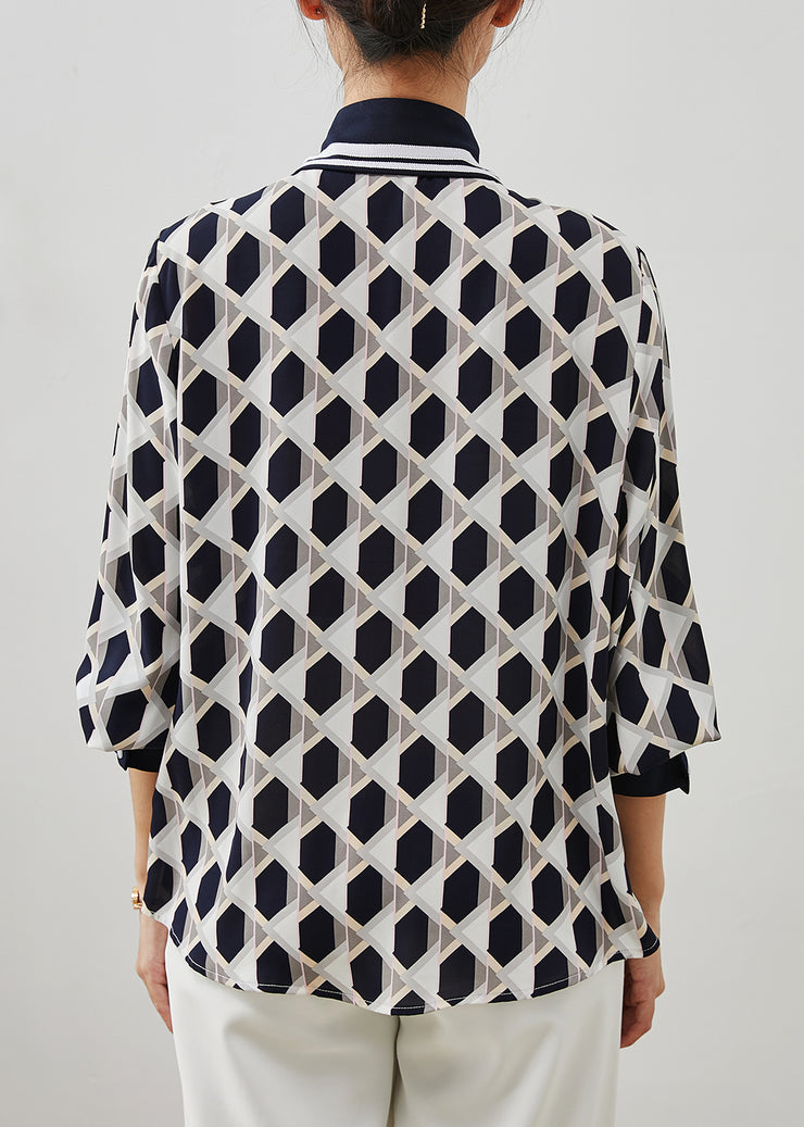 Casual Navy Peter Pan Collar Print Chiffon Blouses Summer