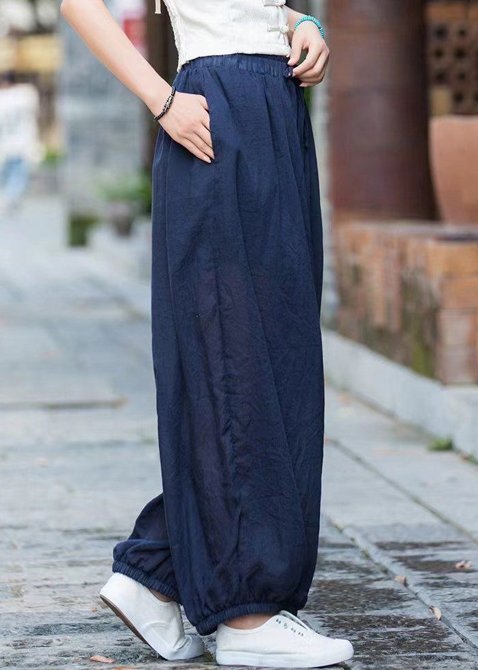 Casual Navy Pockets Elastic Waist Cotton Lantern Pants Summer