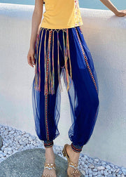 Casual Navy Print Embroideried Elastic Tulle Beam Pants Summer