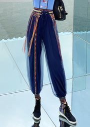 Casual Navy Print Embroideried Elastic Tulle Beam Pants Summer