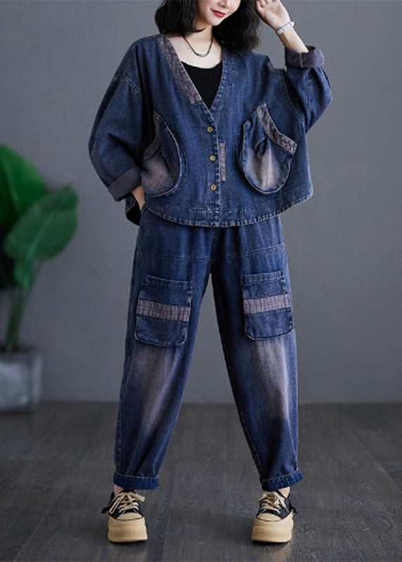 Casual Navy V Neck Patchwork Denim Coats And Harem Pants Two Pieces Sets Long Sleeve