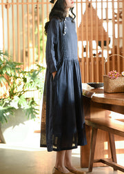 Casual Navy Wrinkled Pockets Patchwork Linen Dresses Fall