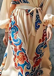 Casual Nude Tie Waist Print Silk Long Dresses Summer