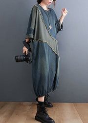 Casual O-Neck Drawstring Patchwork Denim Maxi Dresses Fall