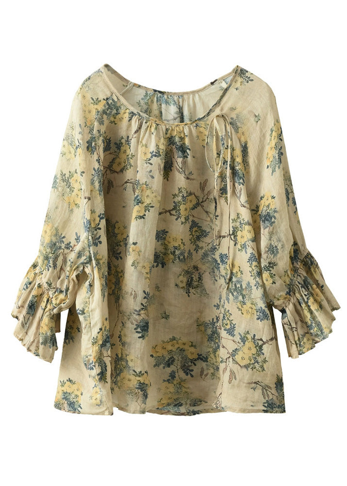 Casual O-Neck Print Tie Waist Ramie Shirts Flare Sleeve