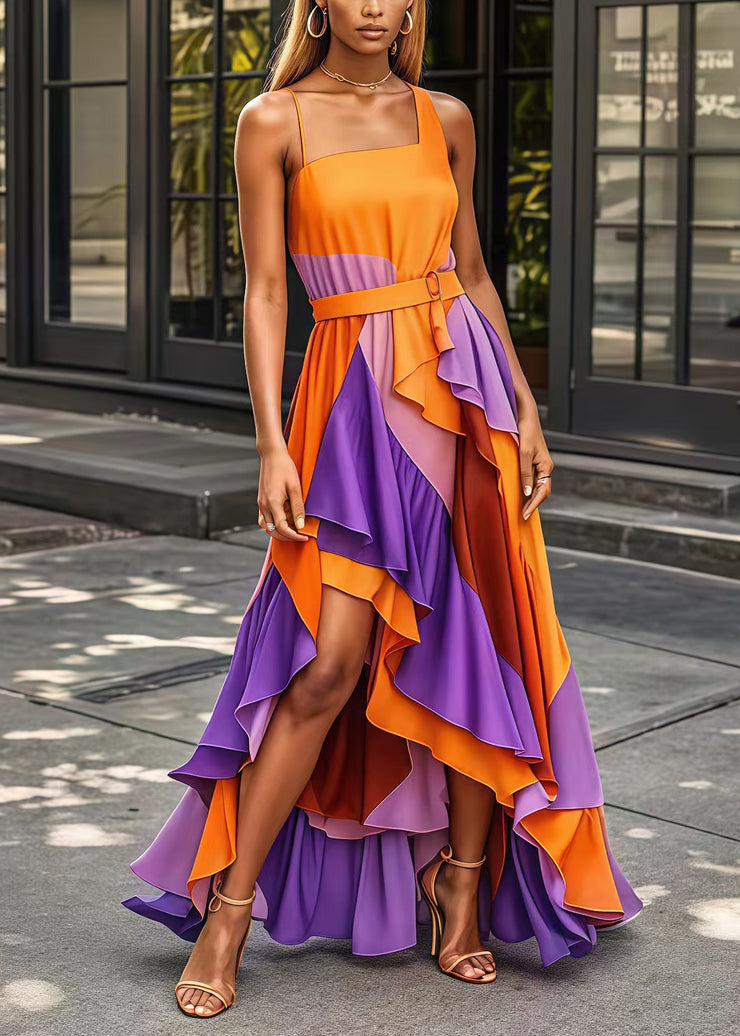 Casual Orange Asymmetrical Patchwork Exra Large Hem Silk Long Dress Summer