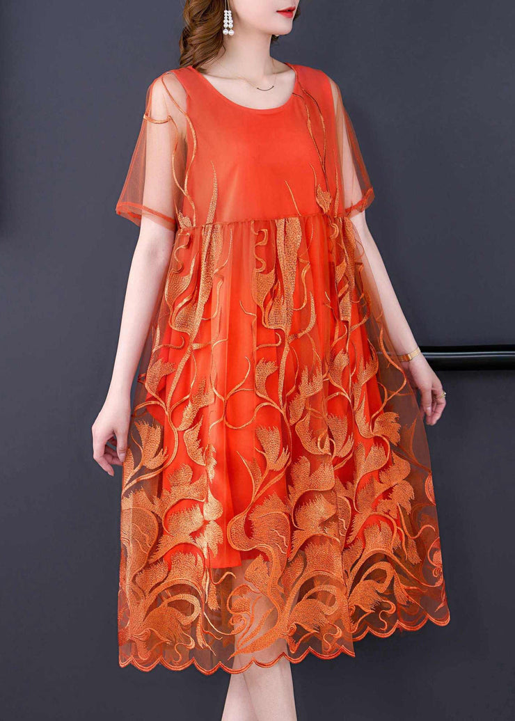 Casual Orange Embroideried Patchwork Tulle Long Dress Summer