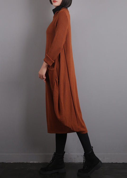 Casual Orange O-Neck Knit Cotton Thread Sweater Dress Fall