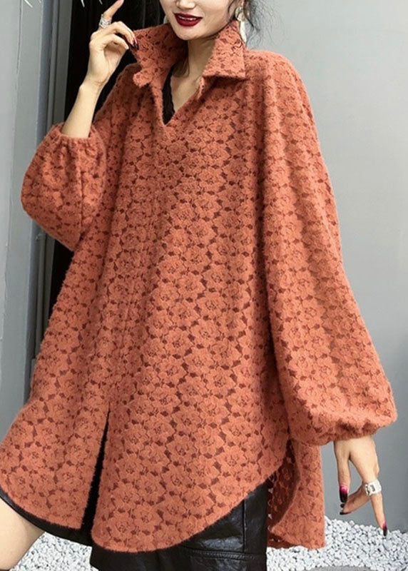 Casual Orange Peter Pan Collar Print Side Open Shirts Long Sleeve