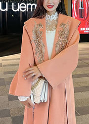 Casual Orange Pink Embroideried Decorated Tie Waist Woolen Coats Fall