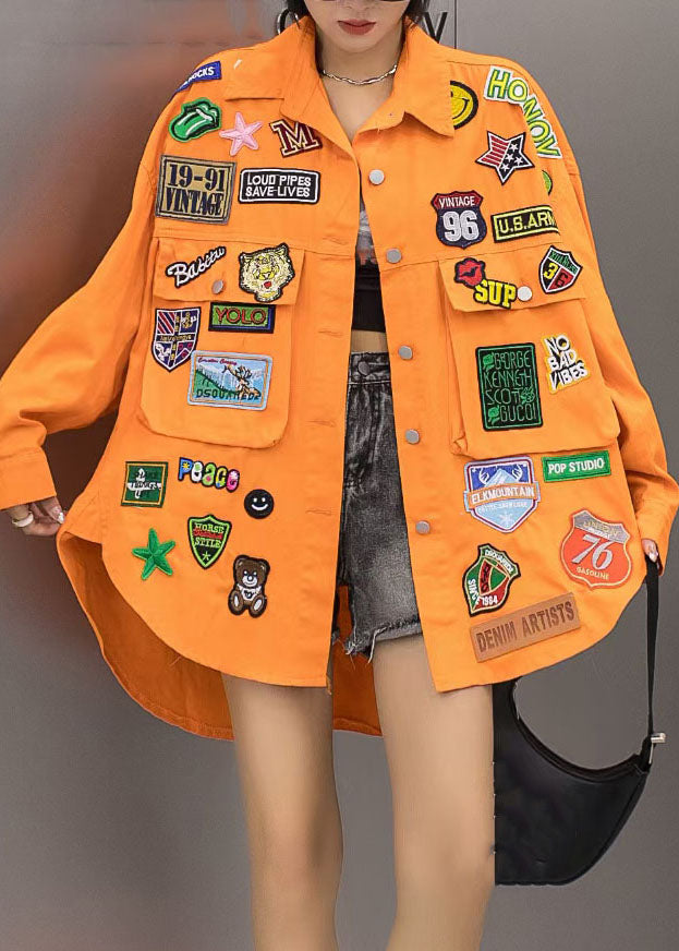 Casual Orange Pockets Graphic Patchwork Denim Coat Spring