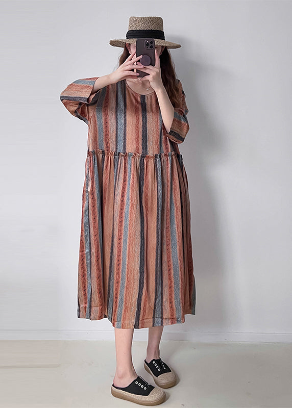 Casual Orange Ruffled Striped Silk Holiday Dress Fall