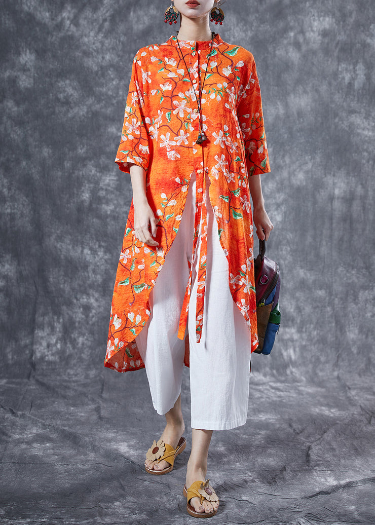 Casual Orange Stand Collar Print Cotton Long Shirt Summer