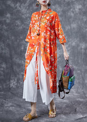 Casual Orange Stand Collar Print Cotton Long Shirt Summer