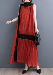 Casual Orange Turtleneck Patchwork Wrinkled Maxi Dress Sleeveless