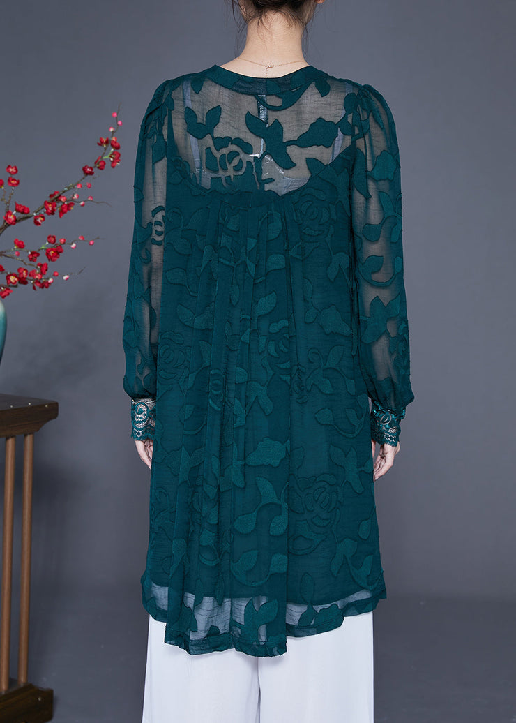 Casual Peacock Green Jacquard Hollow Out Tulle Dress Long Sleeve