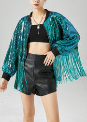 Casual Peacock Green Tasseled Sequins Jackets Summer