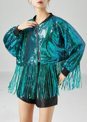 Casual Peacock Green Tasseled Sequins Jackets Summer