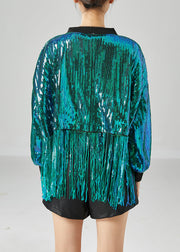 Casual Peacock Green Tasseled Sequins Jackets Summer