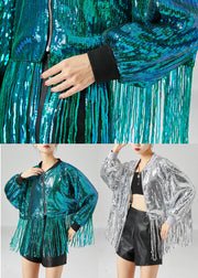 Casual Peacock Green Tasseled Sequins Jackets Summer