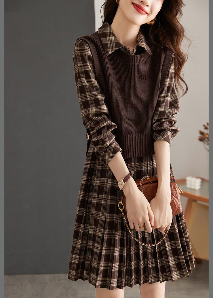 Casual Peter Pan Collar Plaid Knit Waistcoat And Mid DressTwo Pieces Set Spring