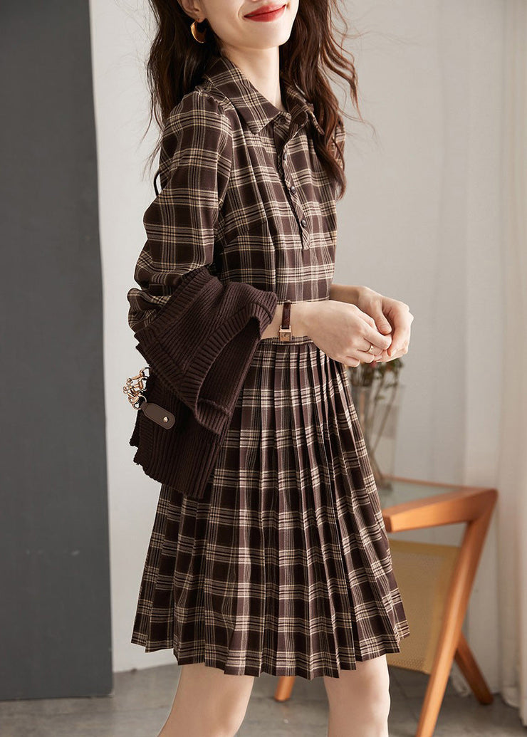 Casual Peter Pan Collar Plaid Knit Waistcoat And Mid DressTwo Pieces Set Spring