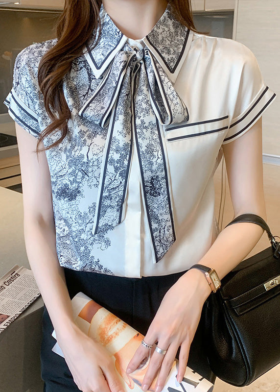 Casual Peter Pan Collar Print Bow Silk Shirts Summer