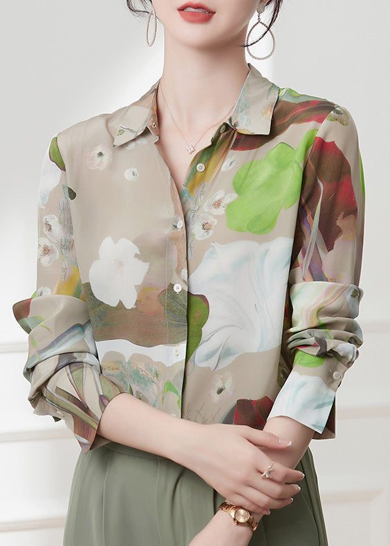 Casual Peter Pan Collar Print Button Silk Shirts Spring