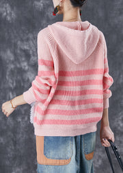 Casual Pink Animal Embroidered Patchwork Knit Pullover Tops Fall