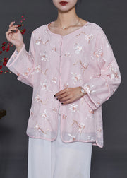 Casual Pink Embroidered Organza Blouses Summer