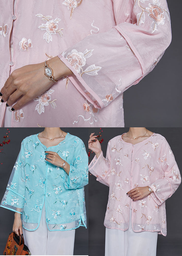 Casual Pink Embroidered Organza Blouses Summer