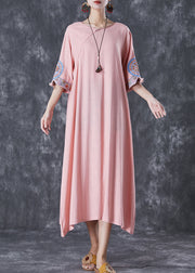 Casual Pink Embroideried Linen A Line Dress Half Sleeve