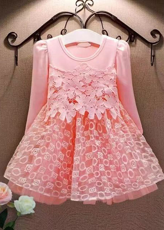 Casual Pink Hollow Out Floral Tulle Patchwork Girls Mid Dress Fall