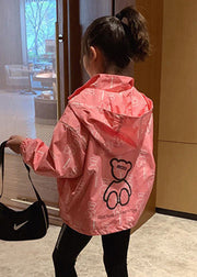 Casual Pink Hooded Print Drawstring Cotton Girls Coats Long Sleeve