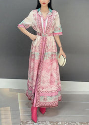 Casual Pink Notched Print Tie Waist Long Dresses Short Sleeve