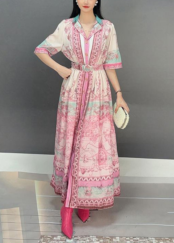 Casual Pink Notched Print Tie Waist Long Dresses Short Sleeve