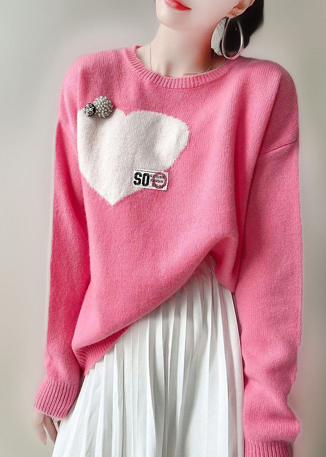 Casual Pink O-Neck Love Jacquard Nail Bead Knit Top Winter