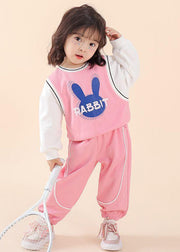 Casual Pink O Neck Print Patchwork Cotton Kids Two Piece Set Fall