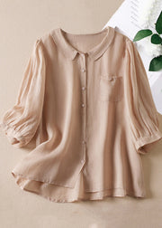 Casual Pink Peter Pan Collar Button Linen Shirt Bracelet Sleeve