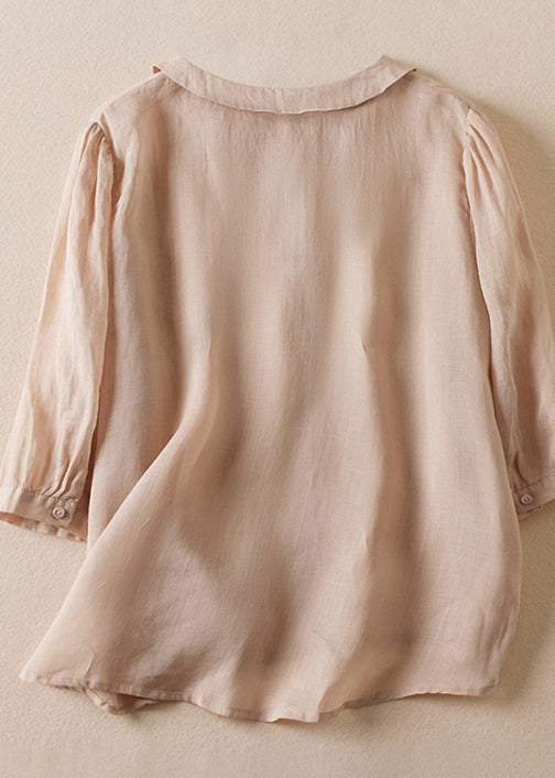 Casual Pink Peter Pan Collar Button Linen Shirt Bracelet Sleeve