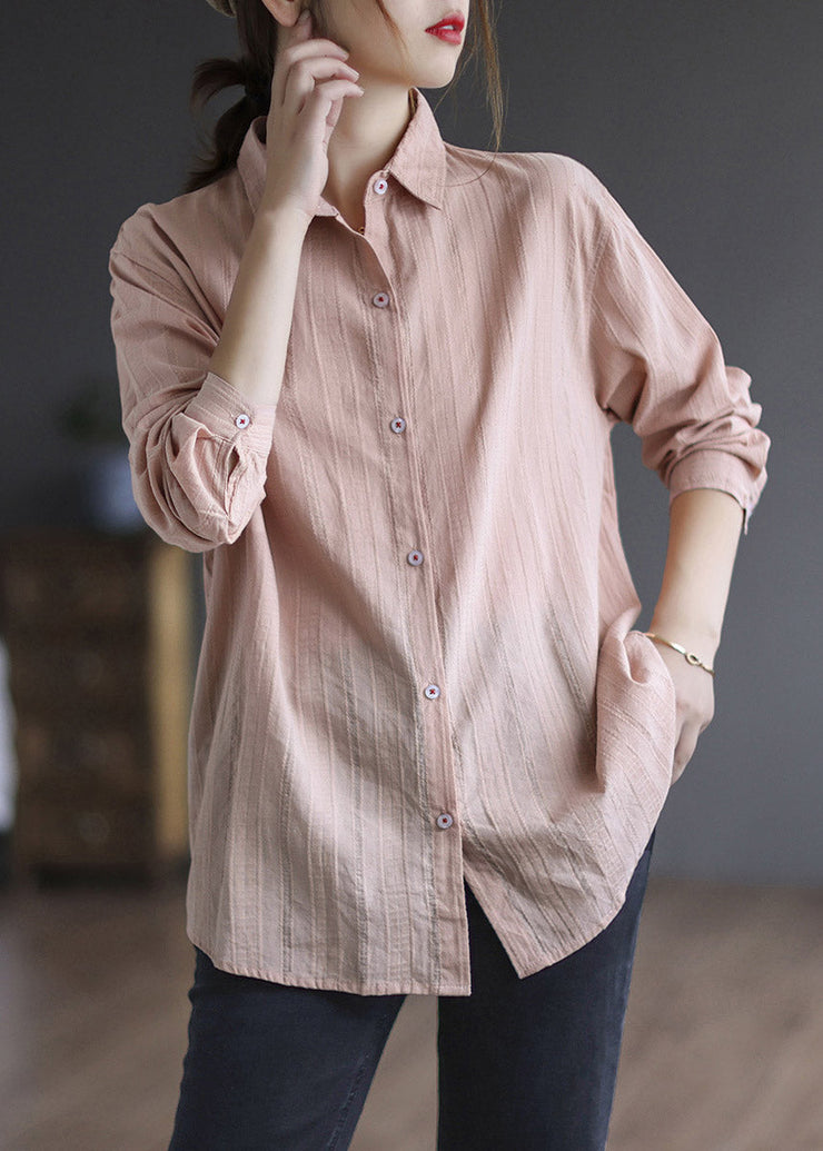 Casual Pink Peter Pan Collar Cotton Shirt Long Sleeve