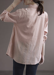 Casual Pink Peter Pan Collar Cotton Shirt Long Sleeve