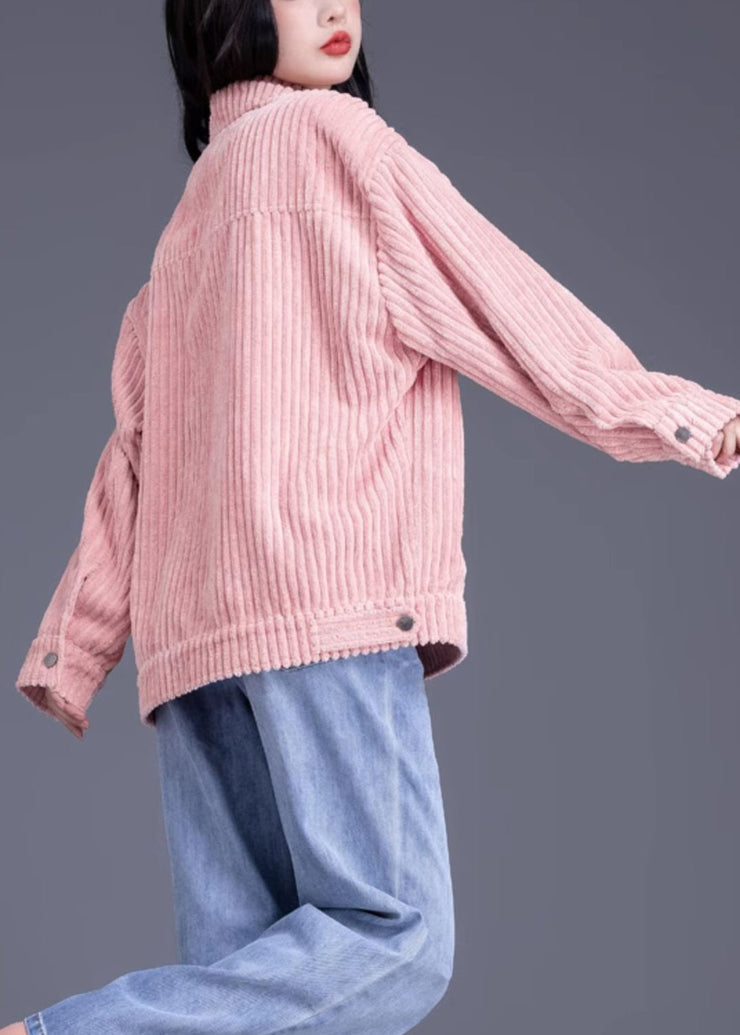 Casual Pink Peter Pan Collar Pockets Loose Corduroy Coat Spring