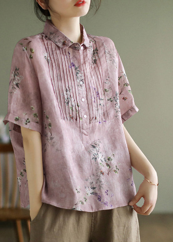 Casual Pink Peter Pan Collar Print Button Linen Shirts Short Sleeve