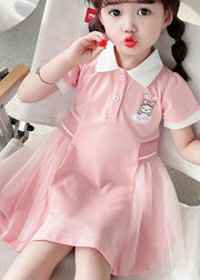 Casual Pink Peter Pan Collar Tulle Patchwork Cotton Kids Girls Dress Summer