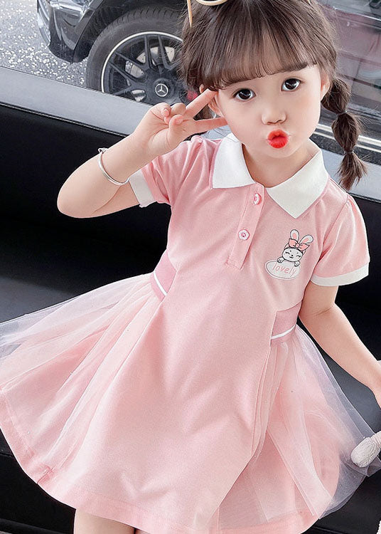 Casual Pink Peter Pan Collar Tulle Patchwork Cotton Kids Girls Dress Summer